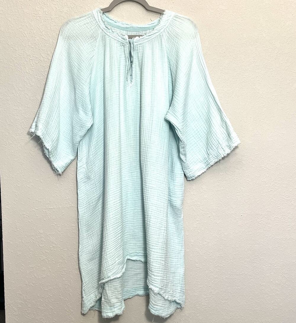 9Seed Blue Cotton Gauze Relaxed Caftan Dress Small Coastal Resort Beach Cover Up